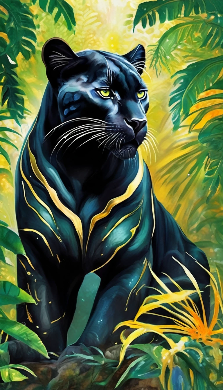 Beautiful black panther lying down, abstraction jungle backdrop, floral, fantasy, african style, beautiful, realistic, green, white, golden fibers, drops, balls, swirls, sparks, high octane, watercolor paint, a closeup of a