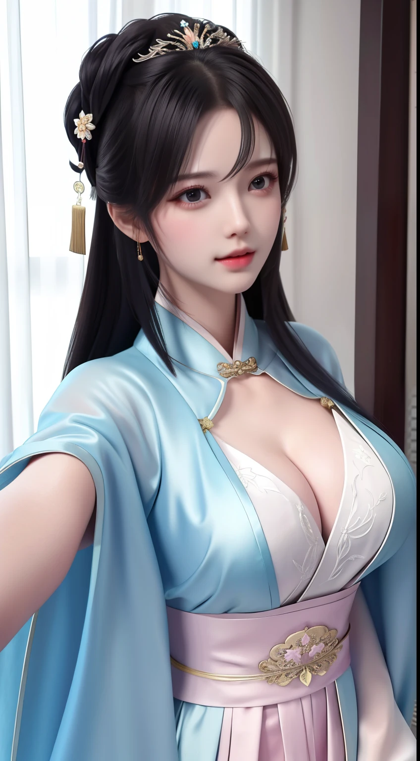 best quality, masterpiece, highres, 1girl,china dress,hair ornament,necklace, jewelry,Beautiful face,upon_body, tyndall effect,photorealistic, dark studio, rim lighting, two tone lighting,(high detailed skin:1.2), 8k uhd, dslr, soft lighting, high quality, volumetric lighting, candid, Photograph, high resolution, 4k, 8k, Bokeh, Wet-breasted Hanfu open V-chested clothes, All pictures, Wet body of thin silk fabric, Thin silk lace petticoat,princess 10 yeald old cute, (huge ，cleavage),petticoat, white pink, blue ，best qualtiy，tmasterpiece，Ultra-high resolution，（Reality：1.4），RAW photogr，（True skin texture：1.3），（filmgrain：1.3），（Selfie angle），1个Giant Breast Girl，Beautiful eye and face details，tmasterpiece，Best quality at best，exposing thighs，Bigchest，The chest is more exposed, pattern on fabric