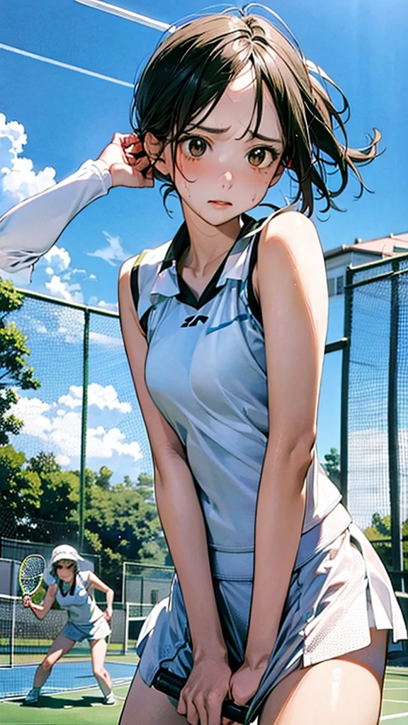 Describe a woman in a white tennis outfit, swinging a tennis racket with a determined expression on her face as she hits the ball back on a green tennis court under a clear blue sky. Her movements are powerful, and there are stands with spectators in the background,sweat,under shot,low angle,group