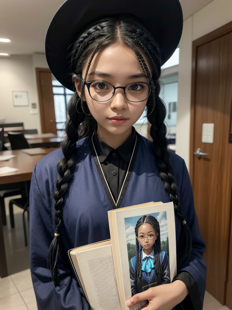 A black girl, with blue braids, who wears glasses, carrying books in hands, with manhwa style witch uniform