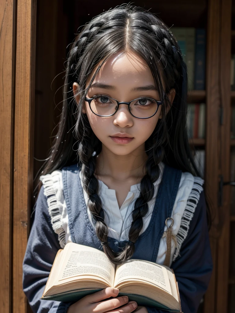 A black girl, with blue braids, who wears glasses, carrying books in hands, with manhwa style witch uniform 