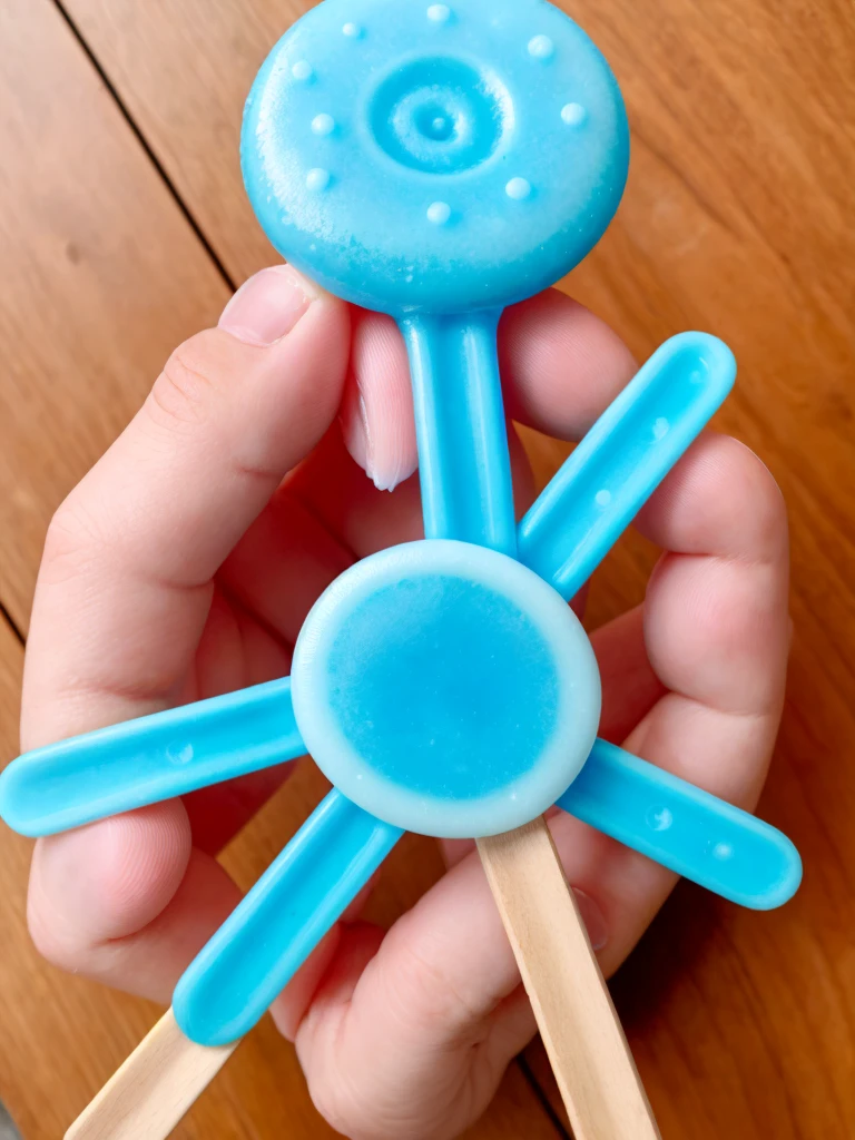 round popsicle with blue color, containing the name caico in the center