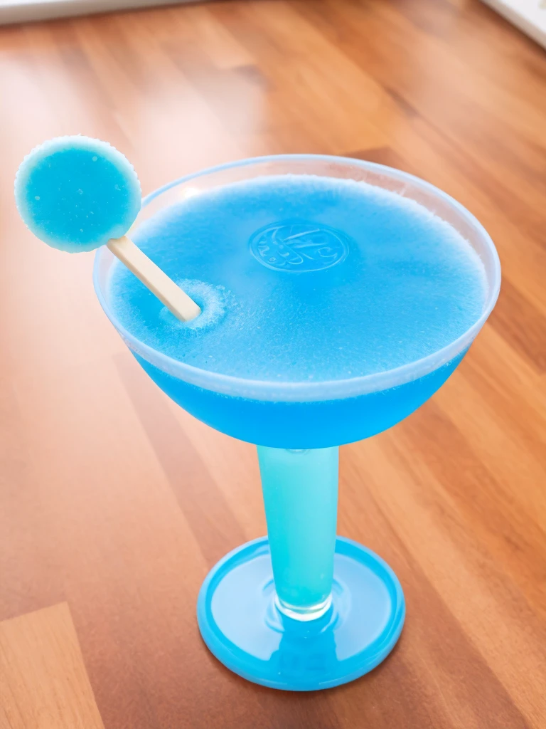 round popsicle with blue color, containing the name caico in the center