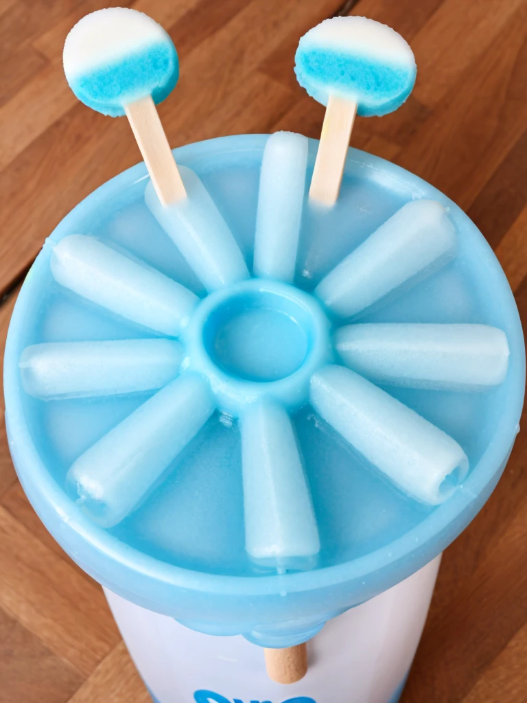 round popsicle with blue color, containing the name caico in the center