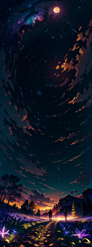 expansive landscape photograph , (a view from below that shows sky above and open field below), a girl standing on flower field looking up, (full moon:1.2), ( shooting stars:0.9), (nebula:1.3), distant mountain, tree BREAK
production art, (warm light source:1.2), (Firefly:1.2), lamp, lot of purple and orange, intricate details, volumetric lighting BREAK
(masterpiece:1.2), (best quality), 4k, ultra-detailed, (dynamic composition:1.4), highly detailed, colorful details,( iridescent colors:1.2), (glowing lighting, atmospheric lighting), dreamy, magical, (solo:1.2)