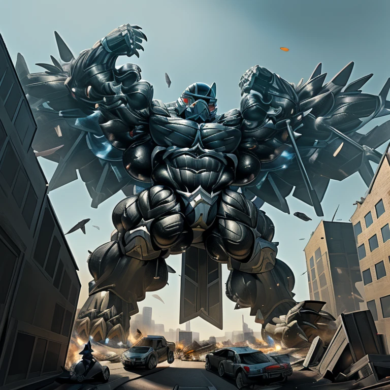 (masterpiece. official art. 8k. best quality. detailed full body. full body.)
(situation 1 : dominating LUCARIO. focus GIANT mechanical Muscular LUCARIO is trampling the CITY. macro. stomp. Low-angle perspective. emphasizing the immense size. The perspective is from below, emphasizing the sheer majesty and power of the Giant. giant art. He is much bigger than a skyscraper. Giga Giants. micro soccer field. looking down.)

(situation 2 :smoke and flames rising from the destruction in the city)

(Additional details 1: wearing a full-face helmet. helmet is jet black. The color of NANOSUIT is jet black. high-tech bio-mecha armor. real texture material. whole body shines like metal. Wearing cyberpunk mecha. emphasizes the muscles. suit fully made of metal. intricate armor. Robotic suit. suit fully made of metal. NANOSUIT with the same design as LUCARIO.). (Lucario has 5 toes.)

(Additional details 2: (Detailed head. Detailed Body. Detailed abs. gigantic muscles. HYPER MUSCLES. Gigachad Muscular. big muscle. pecs. triceps. traps. unusually developed muscular body. body full of huge muscles. showing off muscles. pectorales enormes. Exaggeratedly huge muscles. huge muscles. long legs.).

(Additional details 3: nj5furry, Spread wings. It has wings. black have big wings. The claws are sharp. Sharp teeth.5 toes.). 