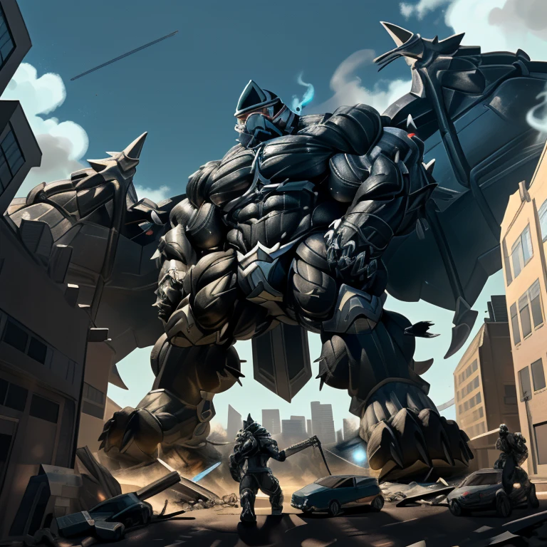 (masterpiece. official art. 8k. best quality. detailed full body. full body.)
(situation 1 : dominating LUCARIO. focus GIANT mechanical Muscular LUCARIO is trampling the CITY. macro. stomp. Low-angle perspective. emphasizing the immense size. The perspective is from below, emphasizing the sheer majesty and power of the Giant. giant art. He is much bigger than a skyscraper. Giga Giants. micro soccer field. looking down.)
(situation 2 :smoke and flames rising from the destruction in the city)
(Additional details 1: wearing a full-face helmet. helmet is jet black. The color of NANOSUIT is jet black. high-tech bio-mecha armor. real texture material. whole body shines like metal. Wearing cyberpunk mecha. emphasizes the muscles. suit fully made of metal. intricate armor. Robotic suit. suit fully made of metal. NANOSUIT with the same design as LUCARIO.). (Lucario has 5 toes.)
(Additional details 2: (Detailed head. Detailed Body. Detailed abs. gigantic muscles. HYPER MUSCLES. Gigachad Muscular. big muscle. pecs. triceps. traps. unusually developed muscular body. body full of huge muscles. showing off muscles. pectorales enormes. Exaggeratedly huge muscles. huge muscles. long legs.).
(Additional details 3: nj5furry, Spread wings. It has wings. black have big wings. The claws are sharp. Sharp teeth.5 toes.).