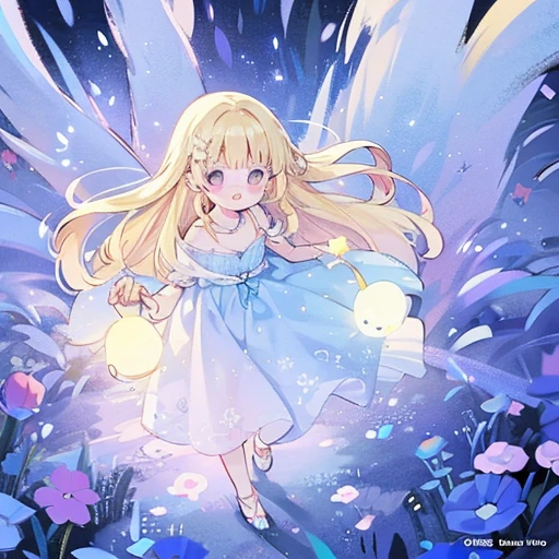 complex background, wishing star background, a blonde woman with big messy hair, wearing an ethereal mystical blue translucent dress that reflects the stars, perfume promo art, mystic, complex drawing, highly detailed, promo art, artistic rendition, ethereal, starry night, midjourney style