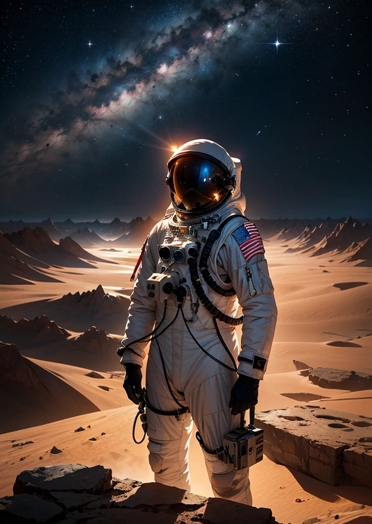 Create a breathtaking painting of an astronaut standing on the rugged surface of Mars. The scene is set at night, under a sky filled with countless stars that cast a subtle glow on the Martian landscape. The astronaut is positioned near the edge of a colossal abyss, a vast and deep chasm that slices through the red terrain, evoking a sense of awe and mystery. The abyss's edges are jagged and shadowy, adding depth and drama to the scene. The astronaut gazes into the abyss, illuminated slightly by the distant starlight, capturing the essence of exploration and the unknown.