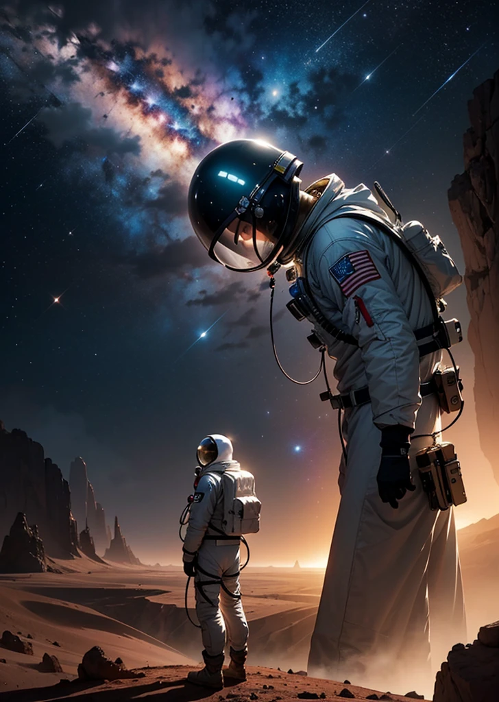 Create a breathtaking painting of an astronaut standing on the rugged surface of Mars. The scene is set at night, under a sky filled with countless stars that cast a subtle glow on the Martian landscape. The astronaut is positioned near the edge of a colossal abyss, a vast and deep chasm that slices through the red terrain, evoking a sense of awe and mystery. The abyss's edges are jagged and shadowy, adding depth and drama to the scene. The astronaut gazes into the abyss, illuminated slightly by the distant starlight, capturing the essence of exploration and the unknown.