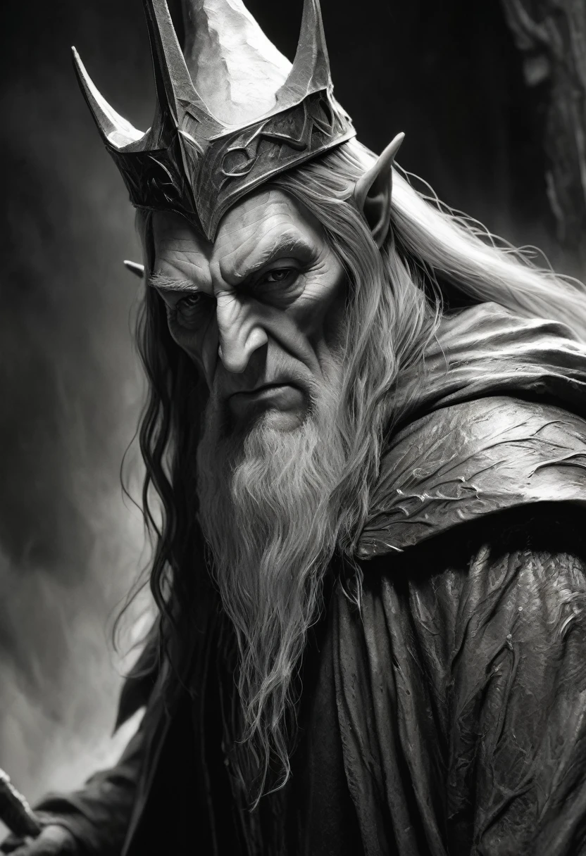 stunning black and white graphite sketch of the old male Witch-king of Angmar, up close shot, from The Lord Of The Rings trilogy, in dynamic pose, by Anna Razumovskay, (by Alyssa Monks:1.1), by Joseph Lorusso, by Lilia Alvarado, beautiful lighting, sharp focus, 8k, high res, (pores:0.1), (sweaty:0.8), Masterpiece, Nikon Z9, Award - winning photograph, --ar 16:9 --style raw --stylize 750 --niji 6, perfect composition, beautiful detailed intricate insanely detailed octane render trending on artstation, 8 k artistic photography, photorealistic concept art, soft natural volumetric cinematic perfect, wide angle view