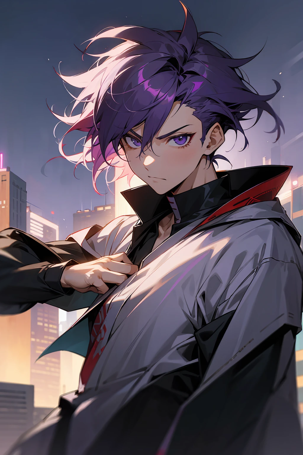 1male , Messy Hair , Serious Expression , Purple Hair , Undercut Hair , Combat Clothing , Yukata , Modern City Background , Perfect Generation