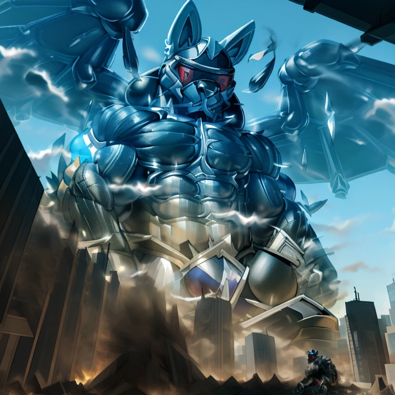 (masterpiece. official art. 8k. best quality. detailed full body. full body.)
A man in stylish armor fights against the magnificent biomechanical LUCARIO.
(situation 1 : dominating LUCARIO. focus GIANT mechanical Muscular LUCARIO is trampling the CITY. macro. stomp. Low-angle perspective. emphasizing the immense size. The perspective is from below, emphasizing the sheer majesty and power of the Giant. giant art. He is much bigger than a skyscraper. Giga Giants. micro soccer field. looking down. .)
(situation 2 :smoke and flames rising from the destruction in the city)
(Additional details 1: wearing a full-face helmet. helmet is jet black. The color of NANOSUIT is jet black. high-tech bio-mecha armor. real texture material. whole body shines like metal. Wearing cyberpunk mecha. emphasizes the muscles. suit fully made of metal. intricate armor. Robotic suit. suit fully made of metal. NANOSUIT with the same design as LUCARIO.).
(Additional details 2: (Detailed head. Detailed Body. Detailed abs. gigantic muscles. HYPER MUSCLES. Gigachad Muscular. big muscle. pecs. triceps. traps. unusually developed muscular body. body full of huge muscles. showing off muscles. pectorales enormes. Exaggeratedly huge muscles. huge muscles. long legs.).
(Additional details 3: nj5furry, Spread wings. It has wings. black have big wings. The claws are sharp. Sharp teeth.5 toes.). (Additional details 4: black color hyper penis. hyper black penis. big penis) (Additional details 6 : Spraying hyper cum up everywhere into the sky from his erect penis. wide spray of cum, covered in cum, cum splashing in front of camera, bukkake, earth is under a thick later of cum.) He is laughing defiantly.
