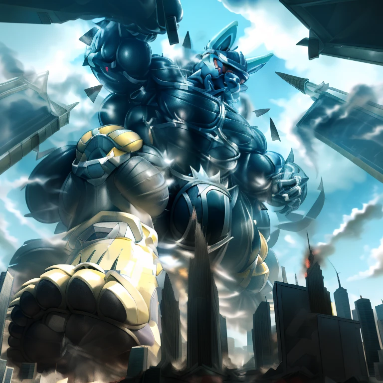 (masterpiece. official art. 8k. best quality. detailed full body. full body.)
A man in stylish armor fights against the magnificent biomechanical LUCARIO.
(situation 1 : dominating LUCARIO. focus GIANT mechanical Muscular LUCARIO is trampling the CITY. macro. stomp. Low-angle perspective. emphasizing the immense size. The perspective is from below, emphasizing the sheer majesty and power of the Giant. giant art. He is much bigger than a skyscraper. Giga Giants. micro soccer field. looking down. .)
(situation 2 :smoke and flames rising from the destruction in the city)
(Additional details 1: wearing a full-face helmet. helmet is jet black. The color of NANOSUIT is jet black. high-tech bio-mecha armor. real texture material. whole body shines like metal. Wearing cyberpunk mecha. emphasizes the muscles. suit fully made of metal. intricate armor. Robotic suit. suit fully made of metal. NANOSUIT with the same design as LUCARIO.).
(Additional details 2: (Detailed head. Detailed Body. Detailed abs. gigantic muscles. HYPER MUSCLES. Gigachad Muscular. big muscle. pecs. triceps. traps. unusually developed muscular body. body full of huge muscles. showing off muscles. pectorales enormes. Exaggeratedly huge muscles. huge muscles. long legs.).
(Additional details 3: nj5furry, Spread wings. It has wings. black have big wings. The claws are sharp. Sharp teeth.5 toes.). (Additional details 4: black color hyper penis. hyper black penis. big penis) (Additional details 6 : Spraying hyper cum up everywhere into the sky from his erect penis. wide spray of cum, covered in cum, cum splashing in front of camera, bukkake, earth is under a thick later of cum.) He is laughing defiantly.
