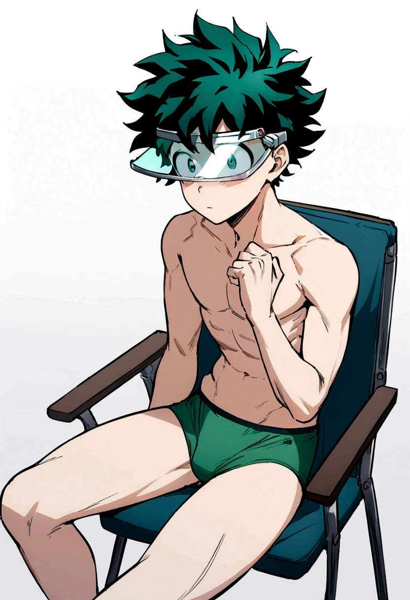 (masterpiece, best quality:1.2), solo, male focus, 1boy, midoriya izuku, short green hair, green eyes, no shirt, no pants, wearing green boxer briefs, ager, toned slender body, domed helmet with transparent visor over eyes, mind control device, blank expression, mouth hanging open staring straight forwars, relaxed body posture, sitting in chair, anime style, my hero academia style