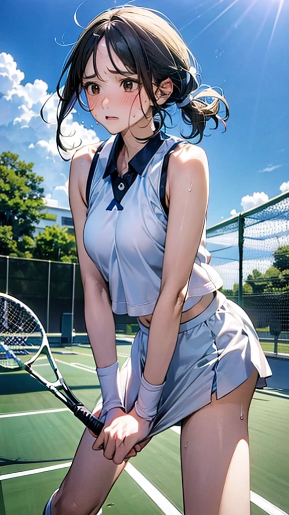 Describe a woman in a white tennis outfit, swinging a tennis racket with a determined expression on her face as she hits the ball back on a green tennis court under a clear blue sky. Her movements are powerful, and there are stands with spectators in the background,sweat,under shot,low angle,group,underboob