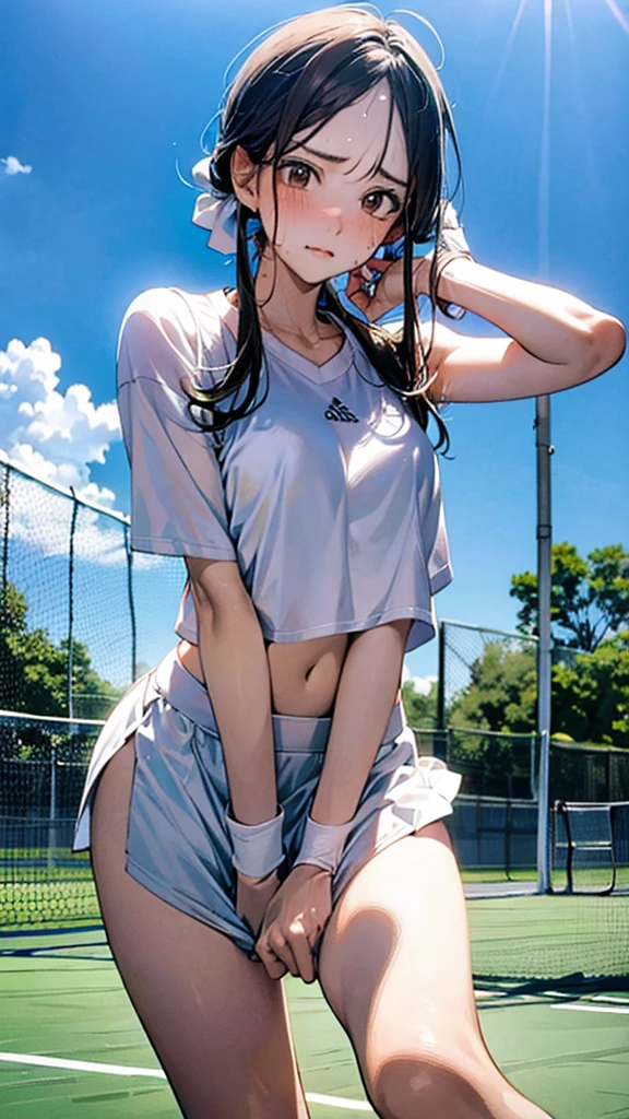 Describe a woman in a white tennis outfit, swinging a tennis racket with a determined expression on her face as she hits the ball back on a green tennis court under a clear blue sky. Her movements are powerful, and there are stands with spectators in the background,sweat,under shot,low angle,group,underboob