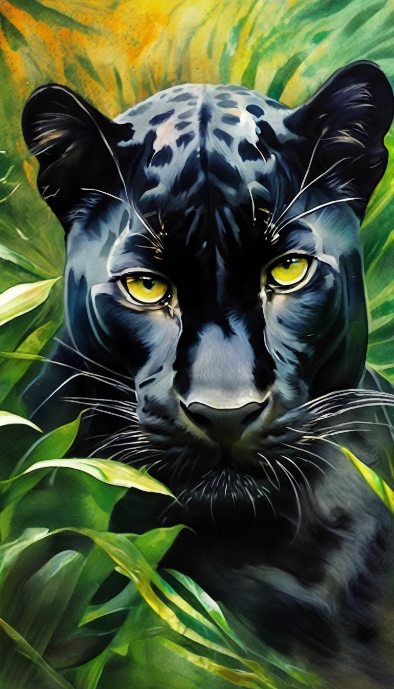 Beautiful black panther lying down, abstraction jungle backdrop, floral, fantasy, african style, beautiful, realistic, green, white, golden fibers, drops, balls, swirls, sparks, high octane, watercolor paint, a closeup of a