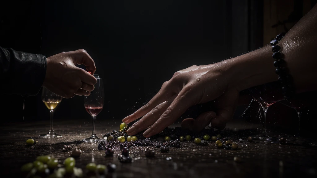 a person's hands crushing grapes, grapes being squeezed, wine flowing into glass, detailed crushed grapes, wet hands, dramatic lighting, chiaroscuro, moody colors, dynamic composition, realistic, cinematic, dark atmosphere, dramatic, photorealistic, high contrast, award winning photograph, (best quality,4k,8k,highres,masterpiece:1.2),ultra-detailed,(realistic,photorealistic,photo-realistic:1.37)