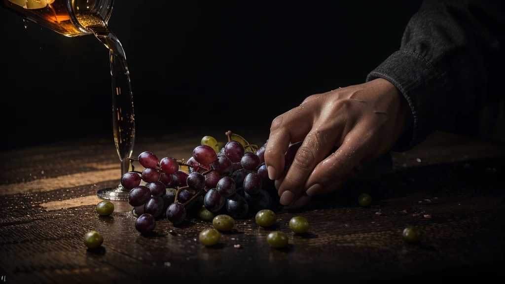 a person's hands crushing grapes, grapes being squeezed, wine flowing into glass, detailed crushed grapes, wet hands, dramatic lighting, chiaroscuro, moody colors, dynamic composition, realistic, cinematic, dark atmosphere, dramatic, photorealistic, high contrast, award winning photograph, (best quality,4k,8k,highres,masterpiece:1.2),ultra-detailed,(realistic,photorealistic,photo-realistic:1.37)