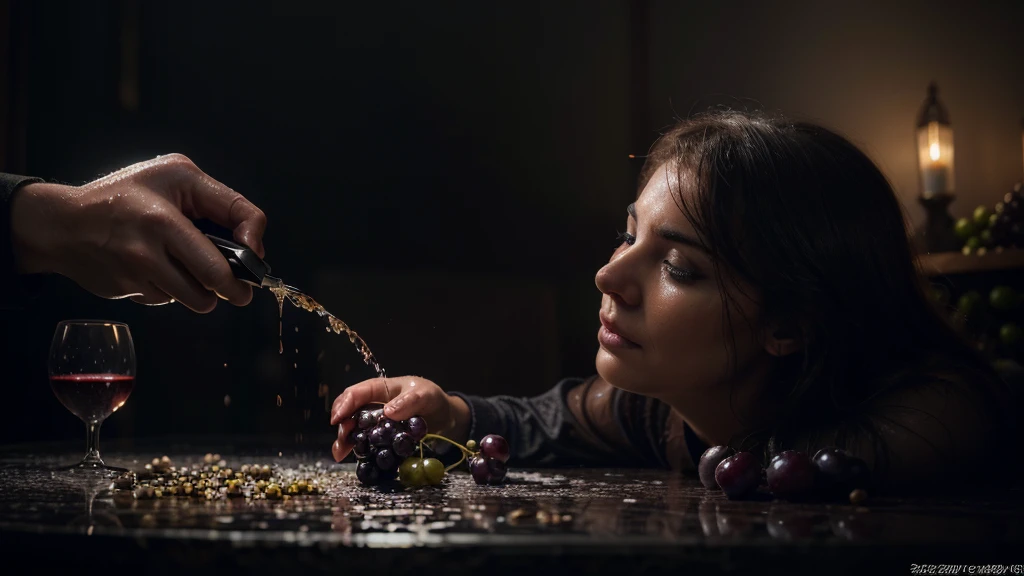 a person's hands crushing grapes, grapes being squeezed, wine flowing into glass, detailed crushed grapes, wet hands, dramatic lighting, chiaroscuro, moody colors, dynamic composition, realistic, cinematic, dark atmosphere, dramatic, photorealistic, high contrast, award winning photograph, (best quality,4k,8k,highres,masterpiece:1.2),ultra-detailed,(realistic,photorealistic,photo-realistic:1.37)