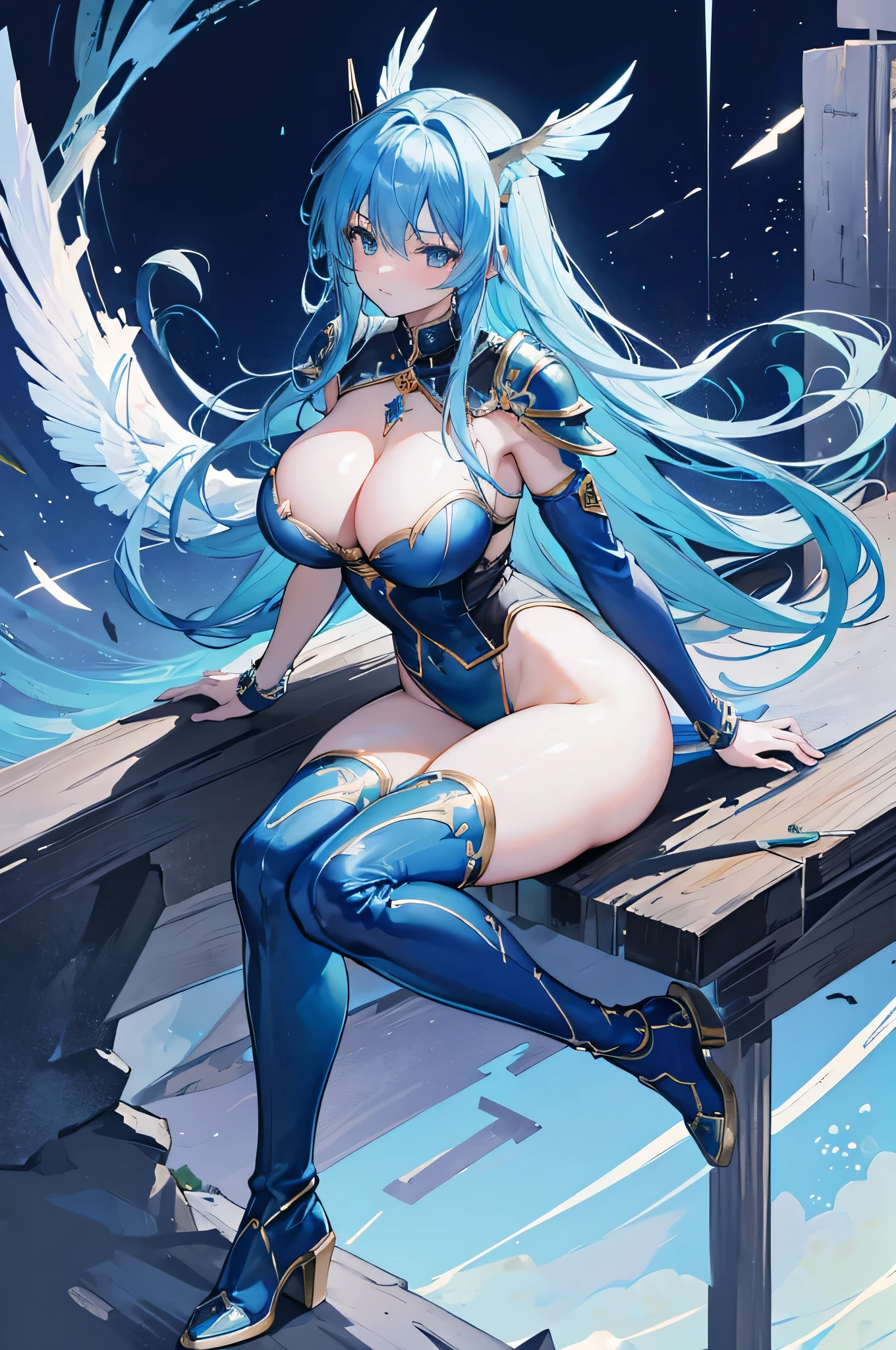 4K,High resolution,One Woman,Blue Hair,long hair,Big Breasts,Valkyrie,Blue sacred high leg leotard armor,Blue boots,Black fishnet stockings,Winged headgear,Jewelry decoration,Holy Sword,Temple in the Sky