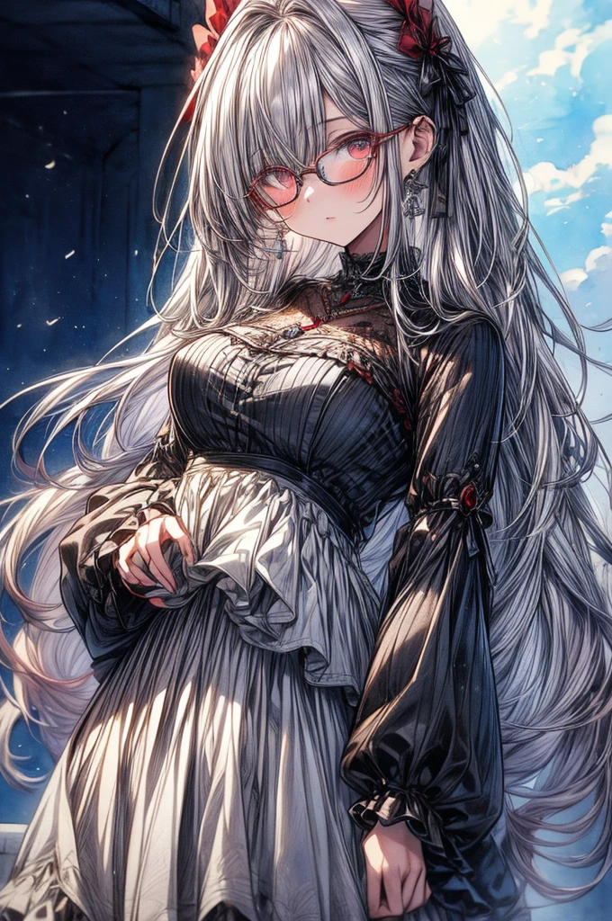 ((Sketch)), ((Watercolor)),((best quality)) ((best quality)), ((masterpiece)), (detailed), HD, Highly Detailed, 4k image, anime style, beautiful young girl, tanned white skin, long waist length hair(silver and red colored hair), soft facial features, heterochromatic eyes(left eye: silver)(right eye: red), gothic sundress, cherry red plump lips, large E-cup breasts, short height(150cm). wide hips and large round ass, silver round-frame glasses