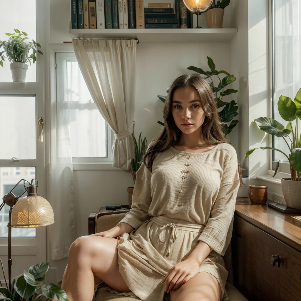 a beautiful woman in her 18s sitting on a sofa in a cozy living room, sunlight filtering through the curtains, a potted plant on a cabinet, a bookshelf, a desk with a typewriter, (best quality,4k,8k,highres,masterpiece:1.2),ultra-detailed,(realistic,photorealistic,photo-realistic:1.37),detailed living room interior, warm colors, natural lighting, peaceful atmosphere, girl,beautiful detailed eyes,beautiful detailed lips,extremely detailed eyes and face,longeyelashes,female,young woman,sofa,window,curtains,dappled sunlight,potted plant,mesa,cabinet,bookshelf,paper,desk lamp,typewriter