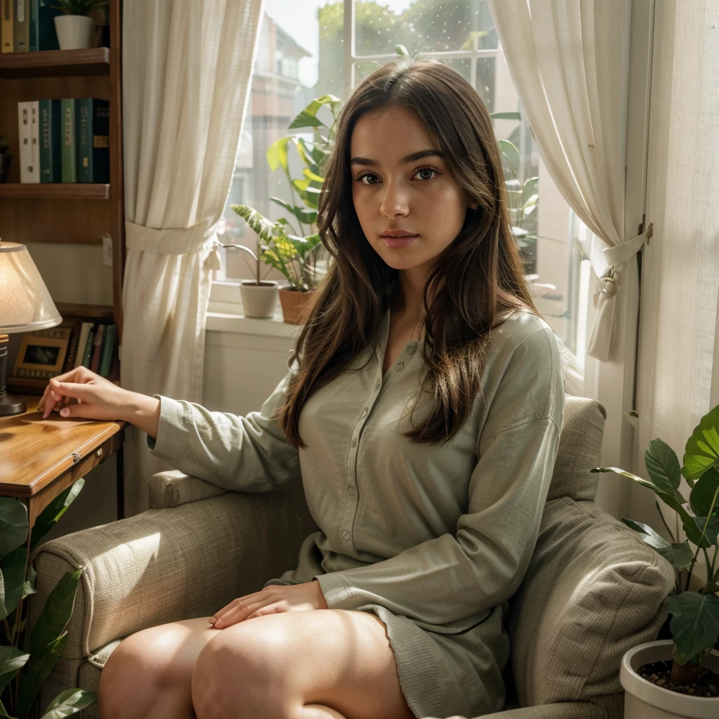 a beautiful woman in her 18s sitting on a sofa in a cozy living room, sunlight filtering through the curtains, a potted plant on a cabinet, a bookshelf, a desk with a typewriter, (best quality,4k,8k,highres,masterpiece:1.2),ultra-detailed,(realistic,photorealistic,photo-realistic:1.37),detailed living room interior, warm colors, natural lighting, peaceful atmosphere, girl,beautiful detailed eyes,beautiful detailed lips,extremely detailed eyes and face,longeyelashes,female,young woman,sofa,window,curtains,dappled sunlight,potted plant,mesa,cabinet,bookshelf,paper,desk lamp,typewriter