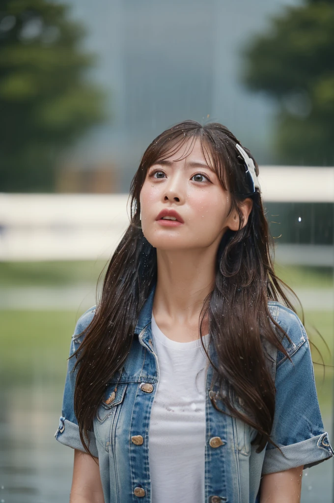 masterpiece, ultra high res, 8k, RAW photo, best quality, detailed shadow, amazing, finely detail, sharp focus, (shine light on face:1), (Volumetric lighting:1.4), (bokeh:1.5), (cowboy shot:1.3), (from below:1.2), (looking at viewer:1.2), standing, 
BREAK 
1 girl, (medium breasts:1), (brown medium long hair:1.4), (bangs:1.2), ((white)T-shirt:1.2), ((dark blue)denim short:1.2), ((white)sneakers:1.3), (rain:1.6), (downpour:1.5), (cloudburst:1.5)
(soaking wet:1.3), (nipples:1.3), (wet and transparent clothes:1.4), (cry:1), (open mouth:0.7),
Commuting to school, (residential road:1.4), sunset,