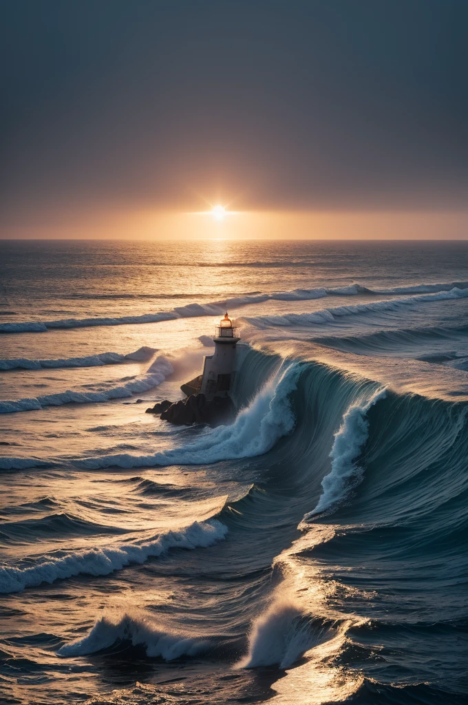 Dark or foggy image, where there is a bright lighthouse emitting an intense light. o farol, positioned on a high cliff at the edge of the sea, symbolizes reason guiding the way through the darkness of ignorance and confusion. The waves of the sea, hectic and tumultuous, represent the challenges and uncertainties of life, while headlight light offers clarity, guidance and safety, illuminating the correct path to follow. This image encapsulates the idea that reason is a source of enlightenment and understanding in times of doubt and difficulty..