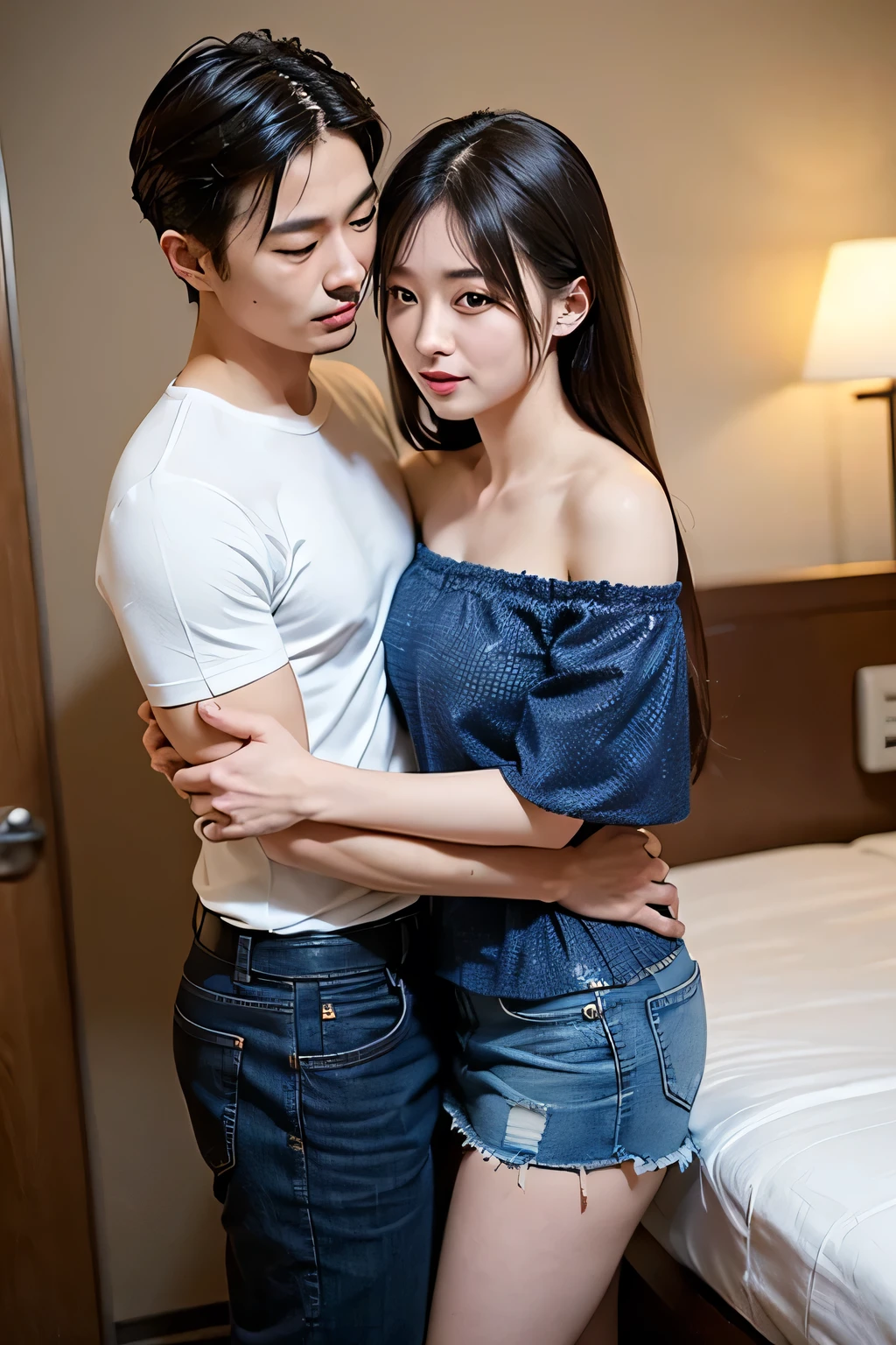 masterpiece,Highest quality,Advanced Details,1 male,1 female,((Hotel Bedroom:1.4))、((Japanese woman with straight medium-long hair:1.4)),((A woman wearing a white short-sleeved off-the-shoulder cotton shirt and a denim miniskirt:1.4)),Japanese middle-aged 1 male,Black Haired Man,A man in a white dress shirt is very handsome,((Man hugging woman'head:1.4)),The woman is short,The man is tall,Reflects the height difference between men and women,The woman's height is 160cm.,The man is 175cm tall.,Man touching woman's head:1.7、((They are standing in an empty room:1.5))、Women are skinny,Small breasted women、