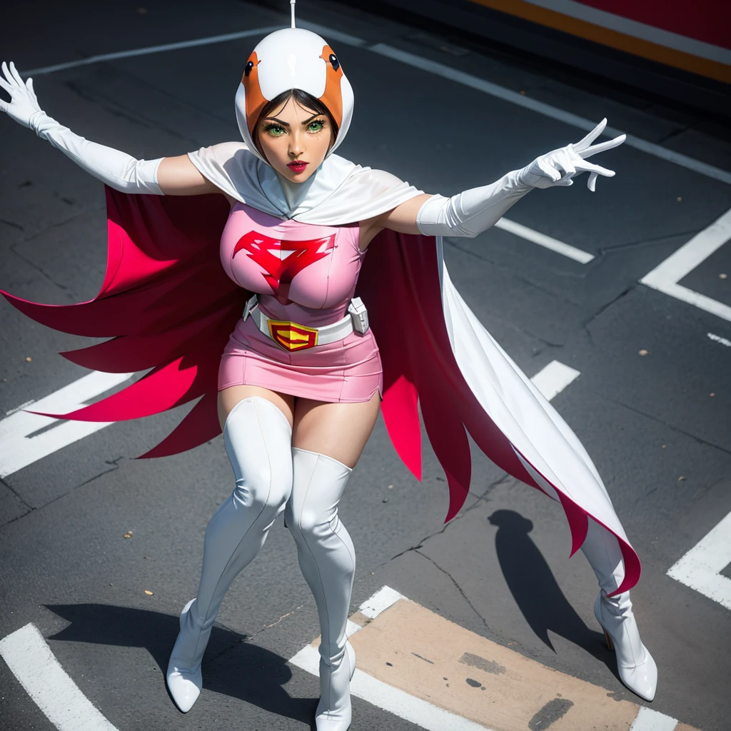 ANI_CLASSIC_jun_gatchaman_ownwaifu,1girl, ,good anatomy, masterpiece, best quality,realistic, hyperrealistic, 16k hdr, long hair,breasts,green eyes,lips,large breasts,lipstick,makeup,gloves,cape,helmet,belt,elbow gloves,white gloves,mask,ultra miniskirt,leotard,spacesuit,white tight overknee highheels boots,pink dress,superhero,bodysuit,cleavage,erected nipples,(sexy pose,view from above),(spread legs:1.1),cameltoe