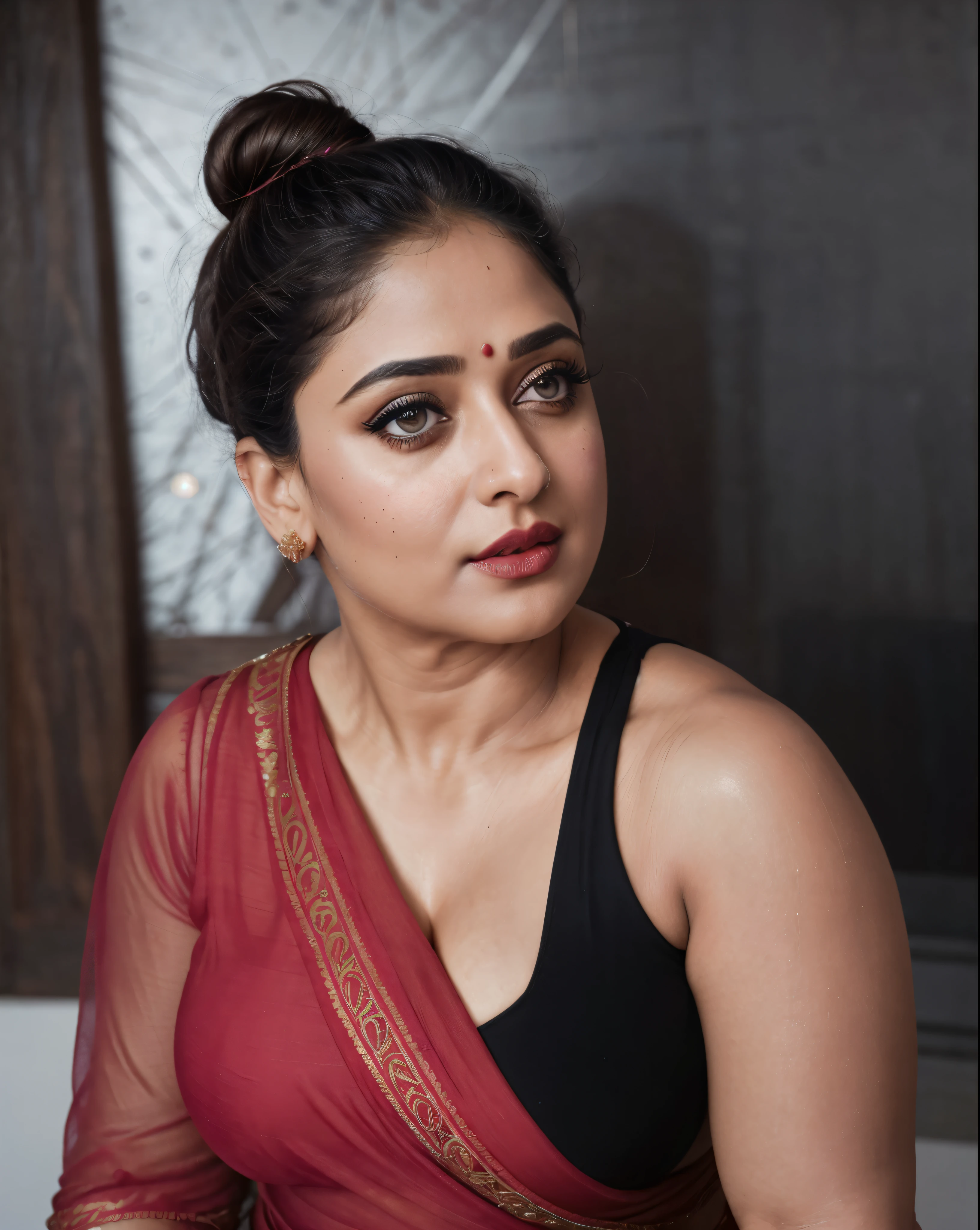 50yo mature MILF Anushka Shetty,((best quality)), ((masterpiece)), ((realistic)), eye kajal, mascara, red lips, sensual Beauty, mommy, full figured mommy, provoking body, extreme sweat, sweat soaked skin, slight stretch marks, alluring figure, bulging figure, thick charming lady, curvy, thick navel, full figured woman, eye kajal, massive breast, full body, styled hair, pierced eyes, female face,royal aura, trend on artstation , sharp focus, studio photo, intricate detail, very detailed, detailed eye, illustration, very detailed, sharp focus, digital render, professional, 4k