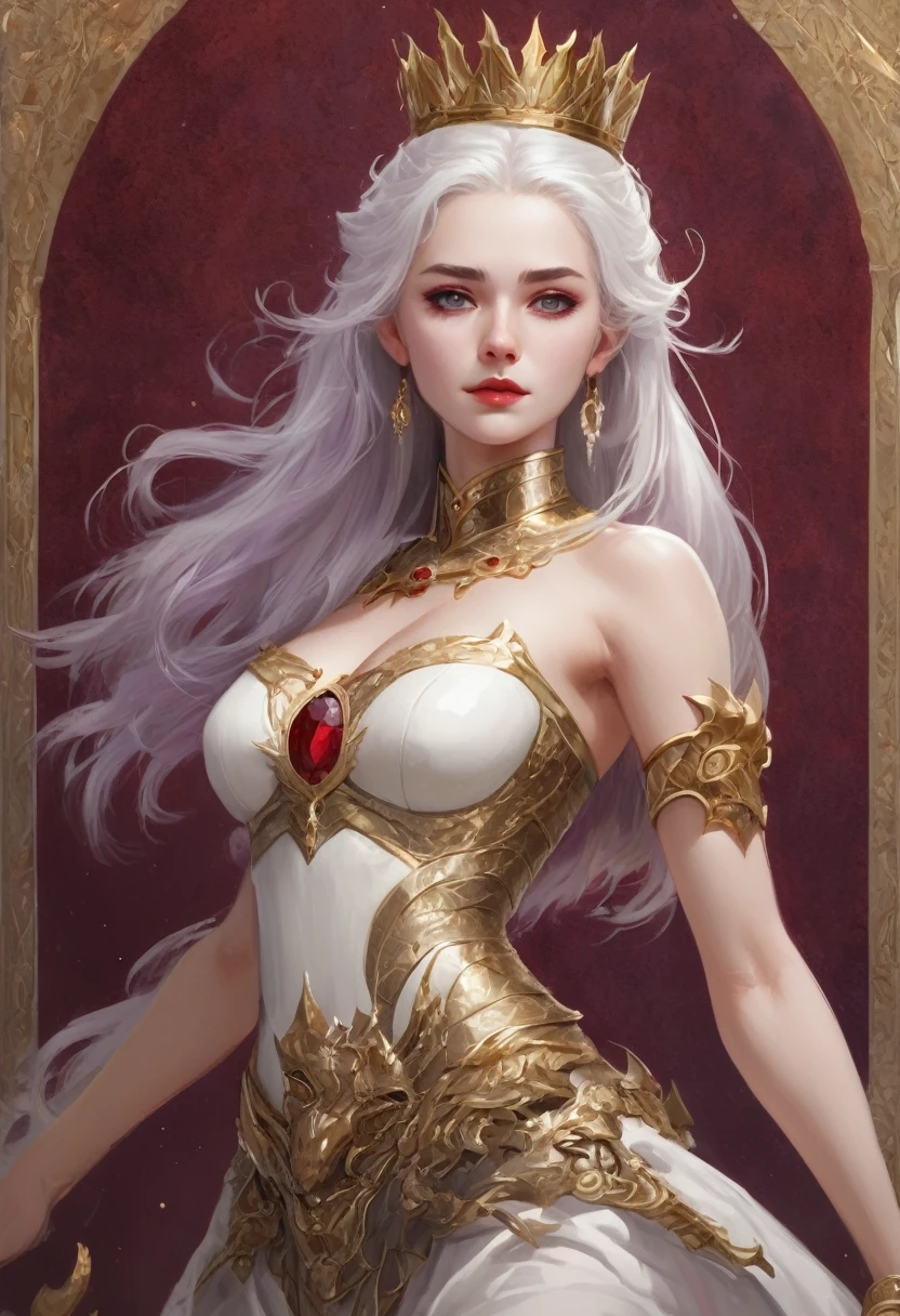Woman with white hair and light violet eyes, very white skin, about 19 years old, has a mini updo in her hair with a gold crown with rubies, has natural red lips with a mini smile and very thick white eyebrows with She has long eyelashes and is too beautiful. She has a black and red dress with dragons embroidered in gold and the dress has a deep neckline. Her chest is one meter and seventy centimeters tall. She is standing on a high platform with 8 steps. Behind her there is a man. He is one meter and ninety centimeters tall and has a military body with broad shoulders. He has white hair and dark violet eyes with very thick white eyebrows. His features are serious. He is dressed in gold and silver armor and has two drawn dragons. On the red and black chest, he has one hand on the woman's waist and the other on the handle of a sword that he has on a belt on his hips. Behind them there is an iron throne with swords embedded everywhere behind it. From the throne there are two dragons, one black and one red.