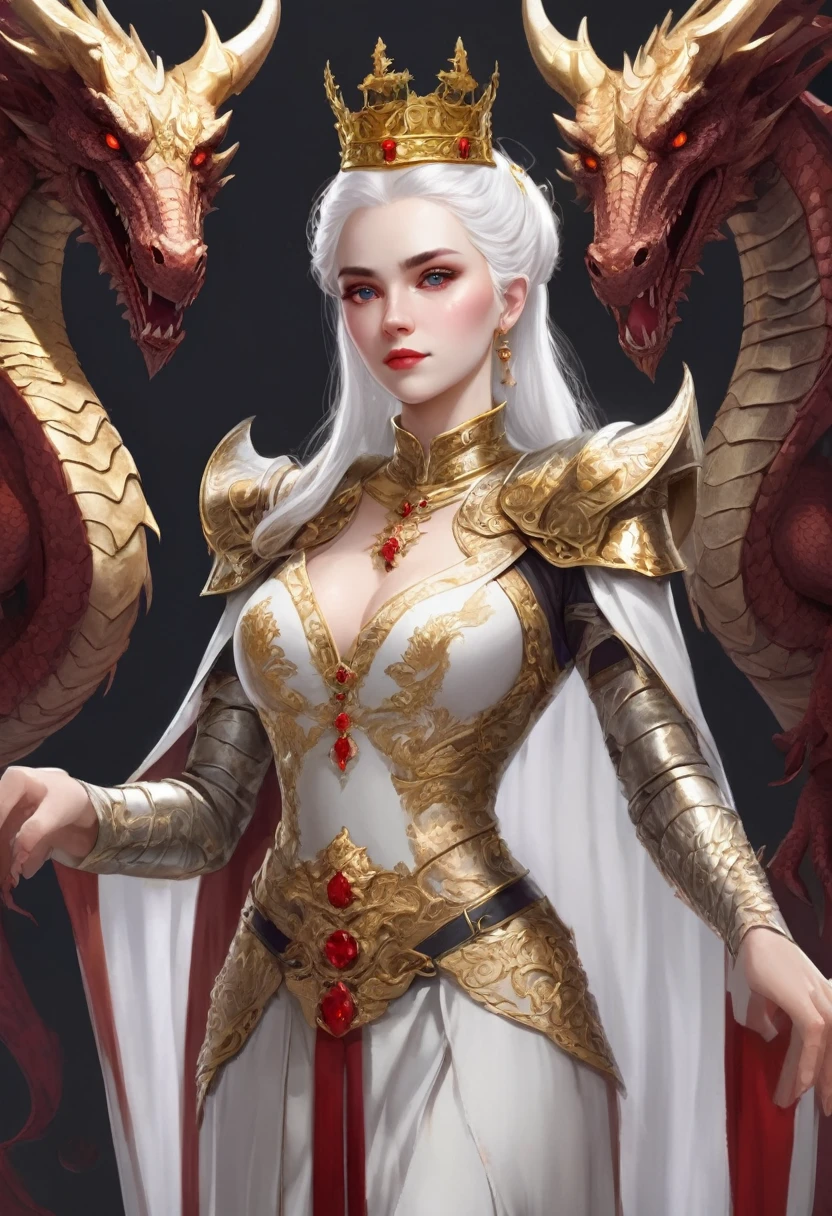 Woman with white hair and light violet eyes, very white skin, about 19 years old, has a mini updo in her hair with a gold crown with rubies, has natural red lips with a mini smile and very thick white eyebrows with She has long eyelashes and is too beautiful. She has a black and red dress with dragons embroidered in gold and the dress has a deep neckline. Her chest is one meter and seventy centimeters tall. She is standing on a high platform with 8 steps. Behind her there is a man. He is one meter and ninety centimeters tall and has a military body with broad shoulders. He has white hair and dark violet eyes with very thick white eyebrows. His features are serious. He is dressed in gold and silver armor and has two drawn dragons. On the red and black chest, he has one hand on the woman&#39;s waist and the other on the handle of a sword that he has on a belt on his hips. Behind them there is an iron throne with swords embedded everywhere behind it. From the throne there are two dragons, one black and one red. 