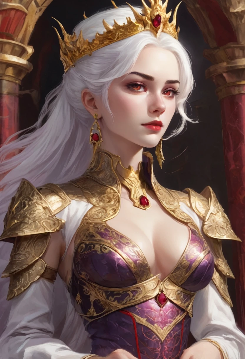 Woman with white hair and light violet eyes, very white skin, about 19 years old, has a mini updo in her hair with a gold crown with rubies, has natural red lips with a mini smile and very thick white eyebrows with She has long eyelashes and is too beautiful. She has a black and red dress with dragons embroidered in gold and the dress has a deep neckline. Her chest is one meter and seventy centimeters tall. She is standing on a high platform with 8 steps. Behind her there is a man. He is one meter and ninety centimeters tall and has a military body with broad shoulders. He has white hair and dark violet eyes with very thick white eyebrows. His features are serious. He is dressed in gold and silver armor and has two drawn dragons. On the red and black chest, he has one hand on the woman's waist and the other on the handle of a sword that he has on a belt on his hips. Behind them there is an iron throne with swords embedded everywhere behind it. From the throne there are two dragons, one black and one red.