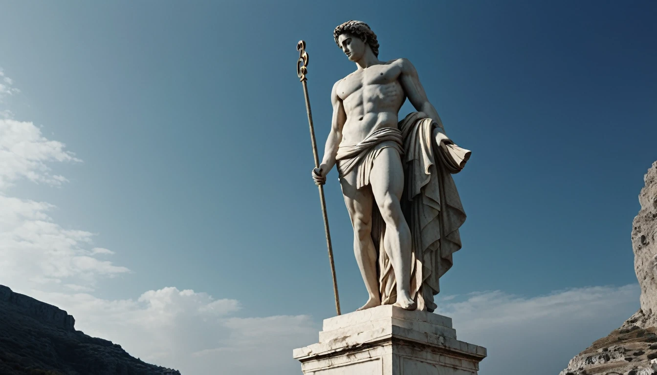 a Greek statue on top of a stone defined muscles, Extremely detailed background, Cinematic, atmospheric, movie film still, Masterpiece artwork, Haunting, surreal
