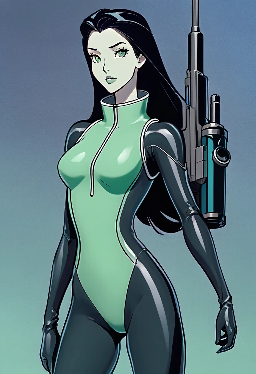 cartoon thin woman, long neck, long black hair, pale green skin, wearing a sci-fi diving suit. she is armed with an arm cannon