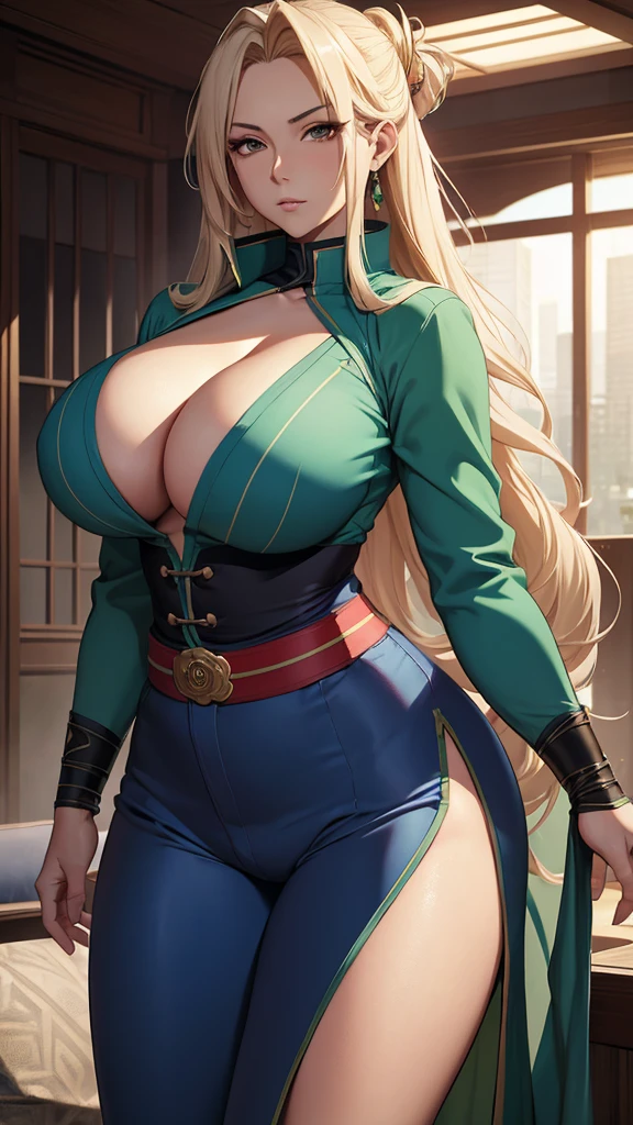 Tsunade, by rubio, huge breasts, mature woman, blue pants, green shelter, chest bandage (masterpiece:1.2, Best Quality:1.2, beautiful, high quality, high resolution:1.1, aesthetic), Detailed, extremely Detailed, soft ambient lighting, 4k, perfect lighting
