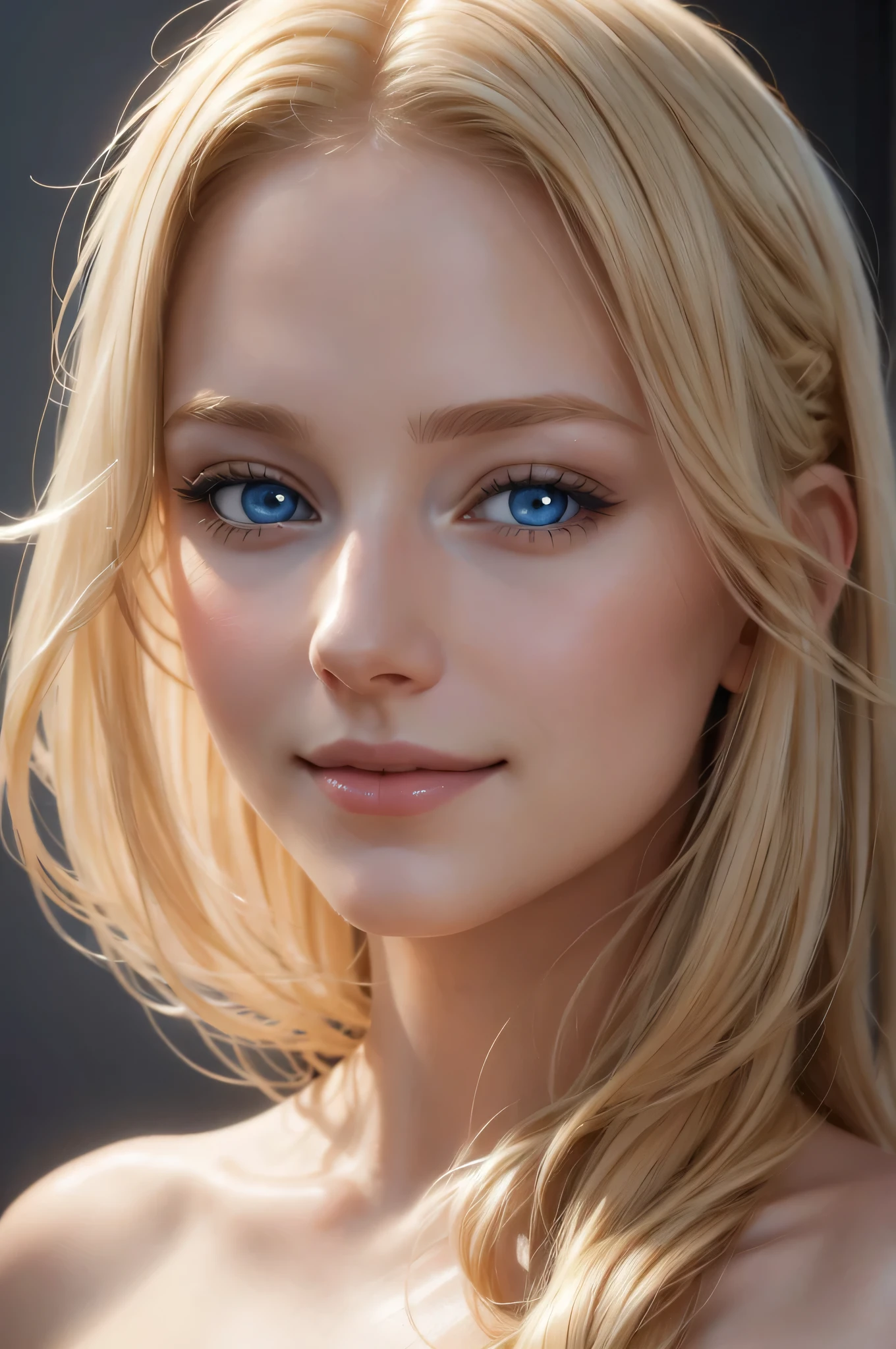 Soft portrait of a beautiful blonde woman, flowing golden hair, captivating blue eyes, delicate features, radiant smile, natural makeup, elegant attire, gentle expression, subtle blush, warm skin tones, ethereal lighting, soft shadows, high-resolution digital painting, realistic style, artistic interpretation, by a skilled portrait artist, ArtStation showcase.