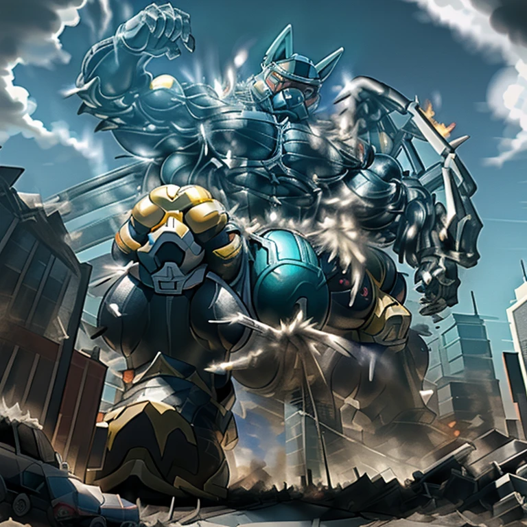 (masterpiece. official art. 8k. best quality. detailed full body. full body.) A man in stylish armor fights against the magnificent biomechanical LUCARIO. (situation 1 : dominating LUCARIO. focus GIANT mechanical Muscular LUCARIO is trampling the CITY. macro. stomp. Low-angle perspective. emphasizing the immense size. The perspective is from below, emphasizing the sheer majesty and power of the Giant. giant art. He is much bigger than a skyscraper. Giga Giants. micro soccer field. looking down. .) (situation 2 :smoke and flames rising from the destruction in the city) (Additional details 1: wearing a full-face helmet. helmet is jet black. The color of NANOSUIT is jet black. high-tech bio-mecha armor. real texture material. whole body shines like metal. Wearing cyberpunk mecha. emphasizes the muscles. suit fully made of metal. intricate armor. Robotic suit. suit fully made of metal. NANOSUIT with the same design as LUCARIO.). (Additional details 2: (Detailed head. Detailed Body. Detailed abs. gigantic muscles. HYPER MUSCLES. Gigachad Muscular. big muscle. pecs. triceps. traps. unusually developed muscular body. body full of huge muscles. showing off muscles. pectorales enormes. Exaggeratedly huge muscles. huge muscles. long legs.). (Additional details 3: nj5furry, Spread wings. It has wings. black have big wings. The claws are sharp. Sharp teeth.5 toes.). (Additional details 4: black color hyper penis. hyper black penis. big penis) (Additional details 6 : Spraying hyper cum up everywhere into the sky from his erect penis. wide spray of cum, covered in cum, cum splashing in front of camera, bukkake, earth is under a thick later of cum.) He is laughing defiantly.