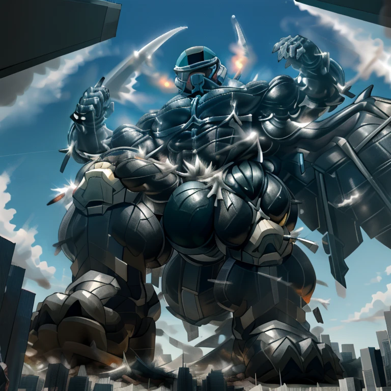 (masterpiece. official art. 8k. best quality. detailed full body. full body.) A man in stylish armor fights against the magnificent biomechanical LUCARIO. (situation 1 : dominating LUCARIO. focus GIANT mechanical Muscular LUCARIO is trampling the CITY. macro. stomp. Low-angle perspective. emphasizing the immense size. The perspective is from below, emphasizing the sheer majesty and power of the Giant. giant art. He is much bigger than a skyscraper. Giga Giants. micro soccer field. looking down. .) (situation 2 :smoke and flames rising from the destruction in the city) (Additional details 1: wearing a full-face helmet. helmet is jet black. The color of NANOSUIT is jet black. high-tech bio-mecha armor. real texture material. whole body shines like metal. Wearing cyberpunk mecha. emphasizes the muscles. suit fully made of metal. intricate armor. Robotic suit. suit fully made of metal. NANOSUIT with the same design as LUCARIO.). (Additional details 2: (Detailed head. Detailed Body. Detailed abs. gigantic muscles. HYPER MUSCLES. Gigachad Muscular. big muscle. pecs. triceps. traps. unusually developed muscular body. body full of huge muscles. showing off muscles. pectorales enormes. Exaggeratedly huge muscles. huge muscles. long legs.). (Additional details 3: nj5furry, Spread wings. It has wings. black have big wings. The claws are sharp. Sharp teeth.5 toes.). (Additional details 4: black color hyper penis. hyper black penis. big penis) (Additional details 6 : Spraying hyper cum up everywhere into the sky from his erect penis. wide spray of cum, covered in cum, cum splashing in front of camera, bukkake, earth is under a thick later of cum.) He is laughing defiantly.