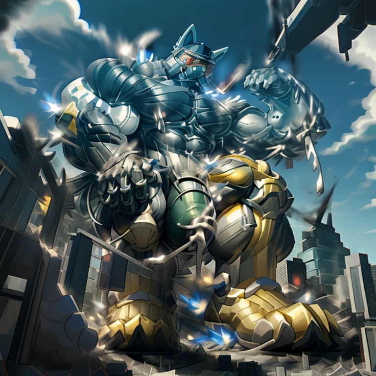 (masterpiece. official art. 8k. best quality. detailed full body. full body.) A man in stylish armor fights against the magnificent biomechanical LUCARIO. (situation 1 : dominating LUCARIO. focus GIANT mechanical Muscular LUCARIO is trampling the CITY. macro. stomp. Low-angle perspective. emphasizing the immense size. The perspective is from below, emphasizing the sheer majesty and power of the Giant. giant art. He is much bigger than a skyscraper. Giga Giants. micro soccer field. looking down. .) (situation 2 :smoke and flames rising from the destruction in the city) (Additional details 1: wearing a full-face helmet. helmet is jet black. The color of NANOSUIT is jet black. high-tech bio-mecha armor. real texture material. whole body shines like metal. Wearing cyberpunk mecha. emphasizes the muscles. suit fully made of metal. intricate armor. Robotic suit. suit fully made of metal. NANOSUIT with the same design as LUCARIO.). (Additional details 2: (Detailed head. Detailed Body. Detailed abs. gigantic muscles. HYPER MUSCLES. Gigachad Muscular. big muscle. pecs. triceps. traps. unusually developed muscular body. body full of huge muscles. showing off muscles. pectorales enormes. Exaggeratedly huge muscles. huge muscles. long legs.). (Additional details 3: nj5furry, Spread wings. It has wings. black have big wings. The claws are sharp. Sharp teeth.5 toes.). (Additional details 4: black color hyper penis. hyper black penis. big penis) (Additional details 6 : Spraying hyper cum up everywhere into the sky from his erect penis. wide spray of cum, covered in cum, cum splashing in front of camera, bukkake, earth is under a thick later of cum.) He is laughing defiantly.