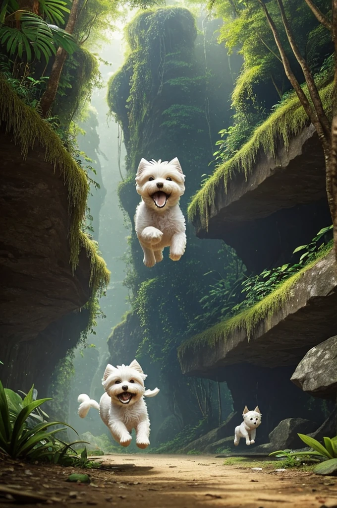 Draw a small white dog starting to run, in a jungle where you can see a cave in the background and behind the little dog running a tall boy, a brunette girl and behind the little dog running a tall boy, a brunette girl and a tall girl with long hair where you can see a scream coming out of the jungle.
