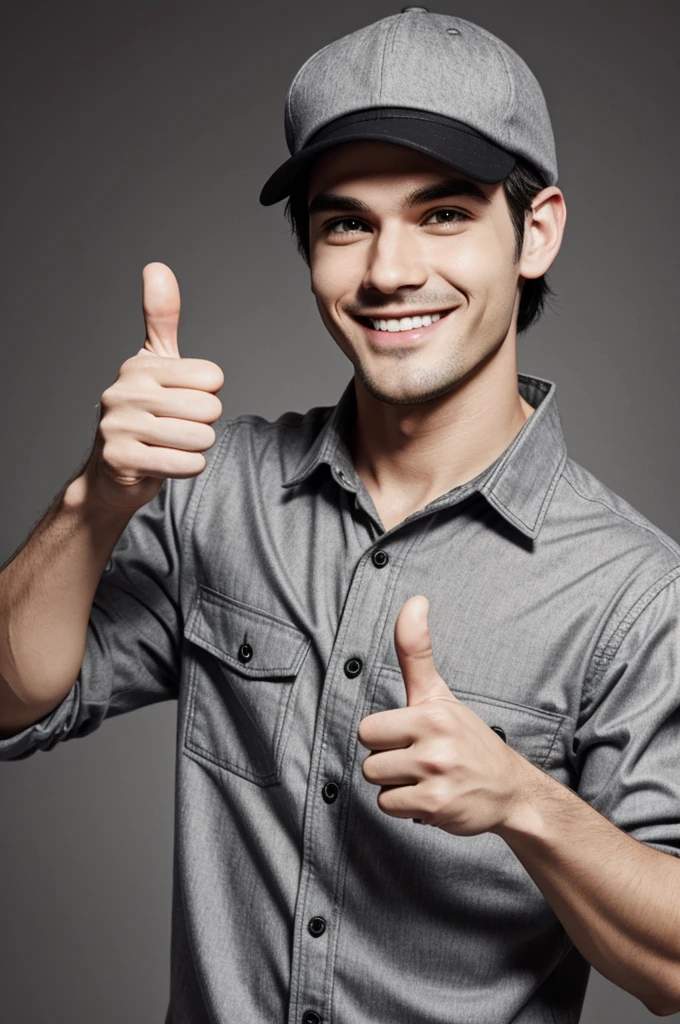 A 2D cartoon man with white skin dressed in gray flannel and a black cap, happy with thumb up