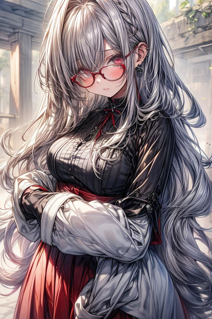 ((Sketch)), ((Watercolor)),((best quality)) ((best quality)), ((masterpiece)), (detailed), HD, Highly Detailed, 4k image, anime style, beautiful young girl, tanned white skin, long waist length hair(silver and red coloured hair), soft facial features, heterochromatic eyes(left eye: silver)(right eye: red), gothic sundress, cherry red plump lips, large E-cup breasts, short height(150cm). wide hips and large round ass, silver round-frame glasses