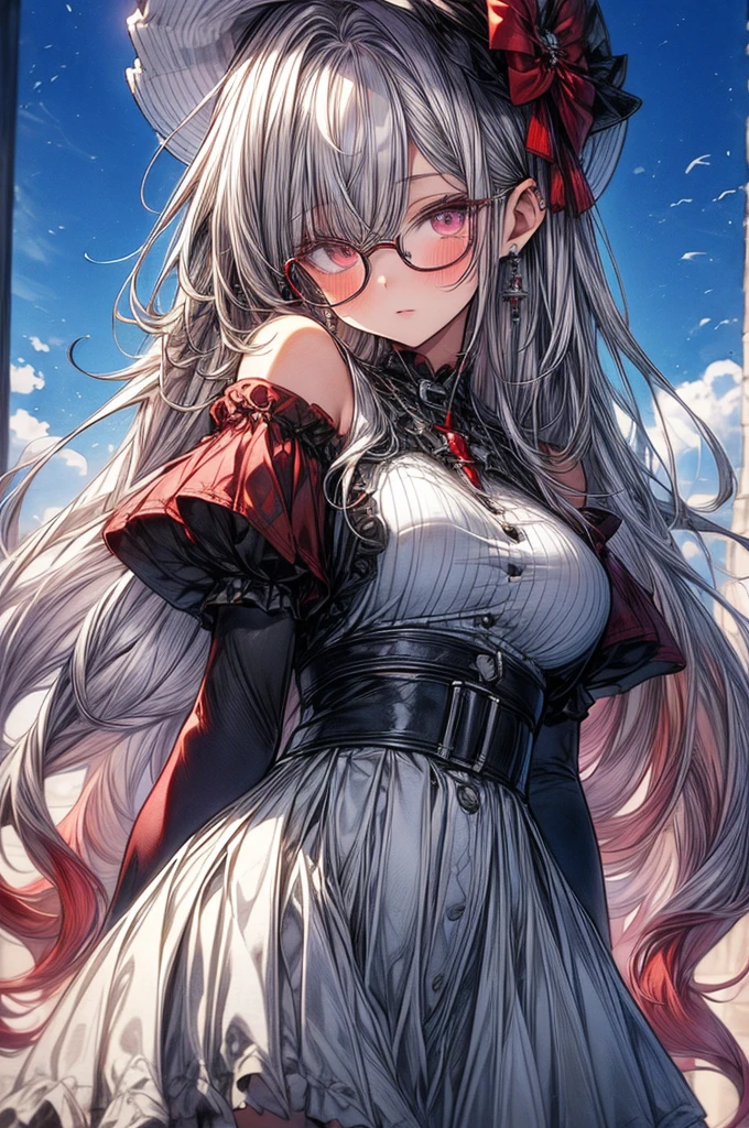 ((Sketch)), ((Watercolor)),((best quality)) ((best quality)), ((masterpiece)), (detailed), HD, Highly Detailed, 4k image, anime style, beautiful young girl, tanned white skin, long waist length hair(silver and red coloured hair), soft facial features, heterochromatic eyes(left eye: silver)(right eye: red), gothic sundress, cherry red plump lips, large E-cup breasts, short height(150cm). wide hips and large round ass, silver round-frame glasses