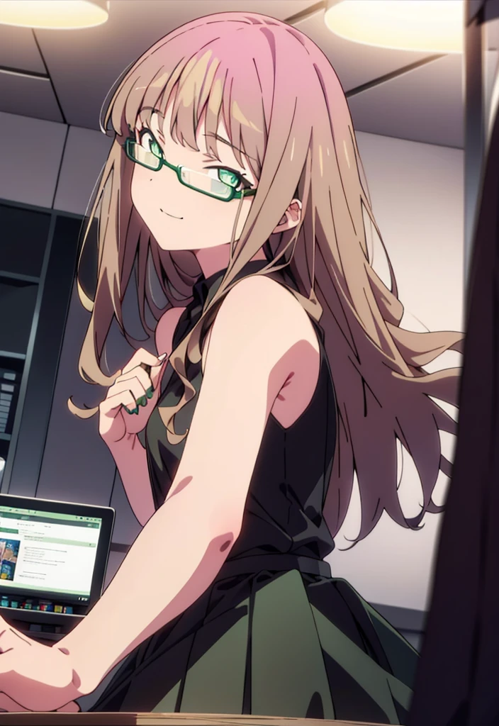 minami yume ,sss Dynazenon ,Long Hair, Brown Hair, (Green Eyes:1.5) ,Center of chest,hair band,happy smile, smile, Open your mouth, Black-rimmed glasses, Black Dress,Short sleeve,Black long skirt,Stiletto heels,walking,Daytime,sunny,whole bodyがイラストに入るように,There is a computer on the table,
break looking at viewer, whole body(Cowboy Shot:1. 5)
break indoors, office,
break (masterpiece:1.2), Highest quality, High resolution, unity 8k wallpaper, (shape:0.8), (Beautiful and beautiful eyes:1.6), Highly detailed face, Perfect lighting, Extremely detailed CG, (Perfect hands, Perfect Anatomy),