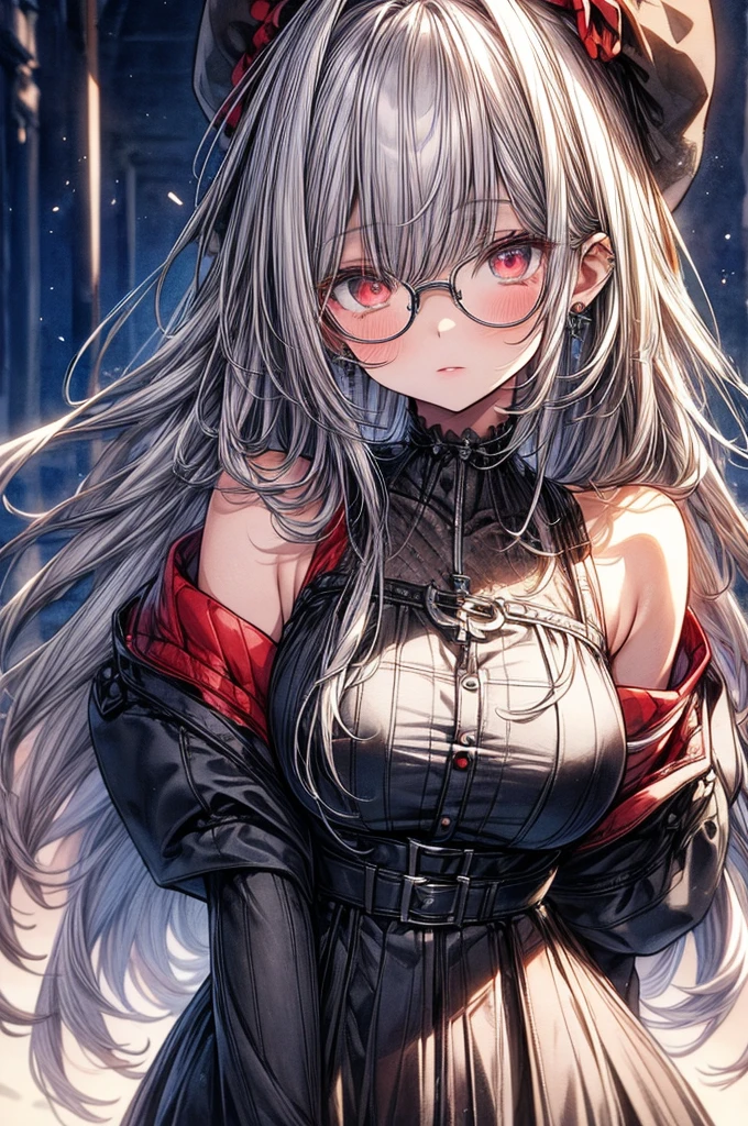 ((Sketch)), ((Watercolor)),((best quality)) ((best quality)), ((masterpiece)), (detailed), HD, Highly Detailed, 4k image, anime style, beautiful young girl, tanned white skin, long waist length hair(silver and red coloured hair), soft facial features, heterochromatic eyes(left eye: silver)(right eye: red), gothic sundress, cherry red plump lips, large E-cup breasts, short height(150cm). wide hips and large round ass, silver round-frame glasses